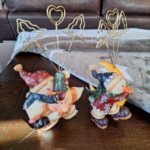 Set of 2 Folk Art‎ Country Snowman Moon & Stars Christmas Card or Photo Holder